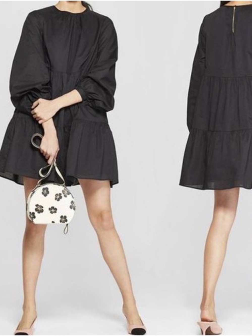 Who What Wear Black Tiered Puffy Long-Sleeve Tiered Mini Dress w/Side Pockets - Picture 6 of 6